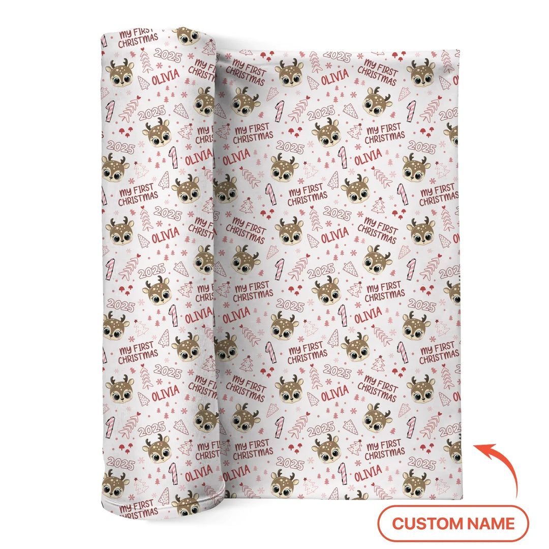 Custom Name Cute Reindeer My First Christmas Bamboo Swaddle Blanket