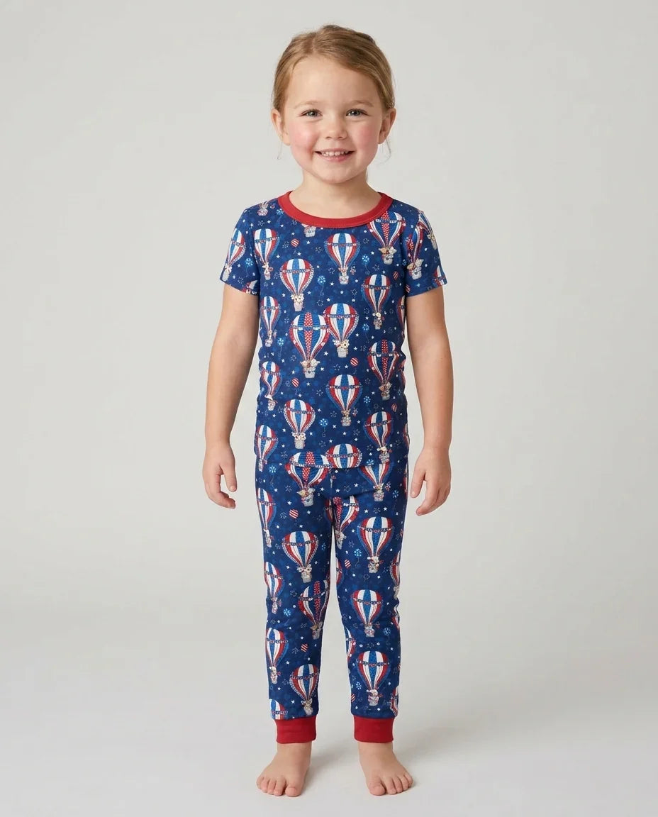 Patriotic Pups in Hot Air Balloons Family Matching Bamboo Two Piece Short Sleeve Pajama y)