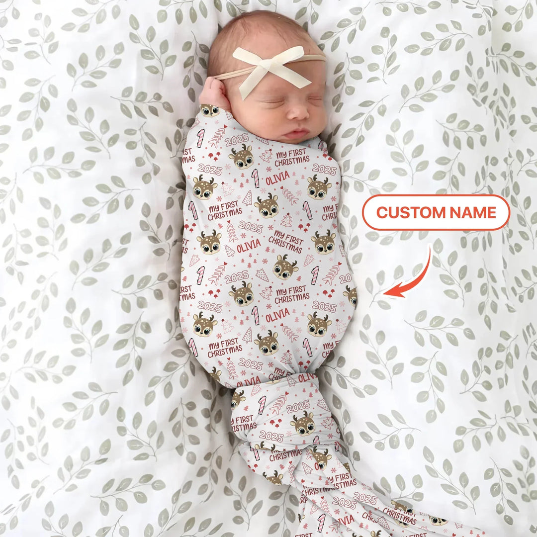 Custom Name Cute Reindeer My First Christmas Bamboo Swaddle Blanket