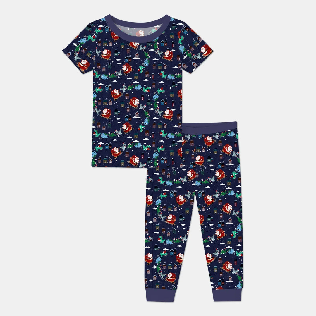 Dinosaurs Santa's sleigh Bamboo Two Piece Short Sleeve Pajama Set
