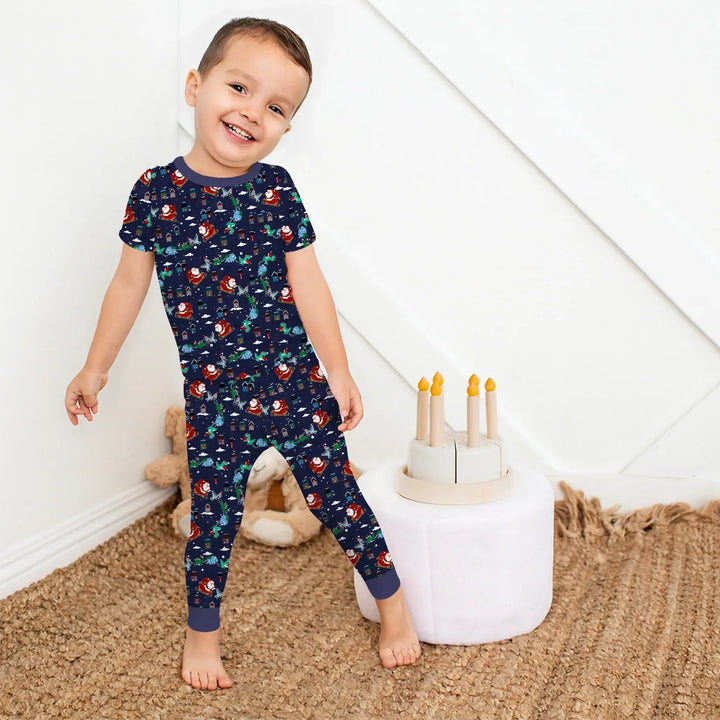 Dinosaurs Santa's sleigh Bamboo Two Piece Short Sleeve Pajama Set