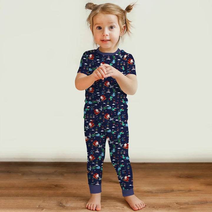 Dinosaurs Santa's sleigh Bamboo Two Piece Short Sleeve Pajama Set