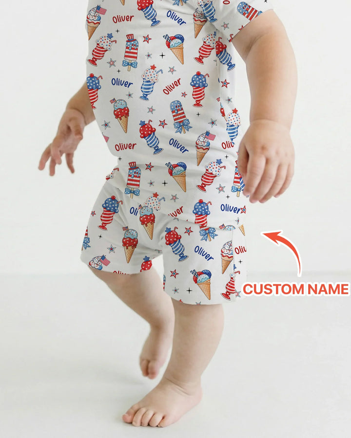 Custom Name Red, White & Ice Cream Bamboo Two Piece Short Sleeve Shorts Pajama Set