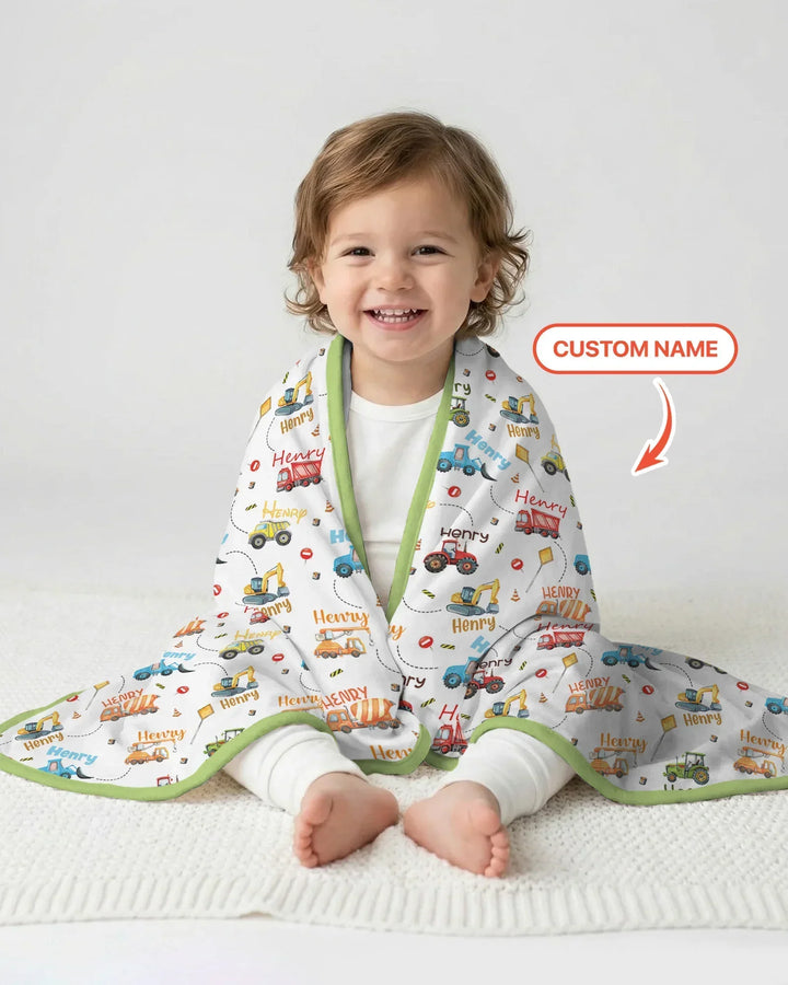 Construction Vehicles Custom Name Bamboo Blanket