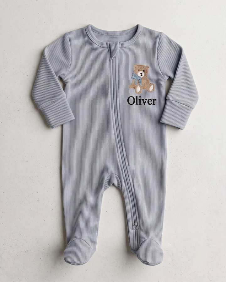 Teddy Bear Embroidered Name Ribbed Bamboo Zipper Footie