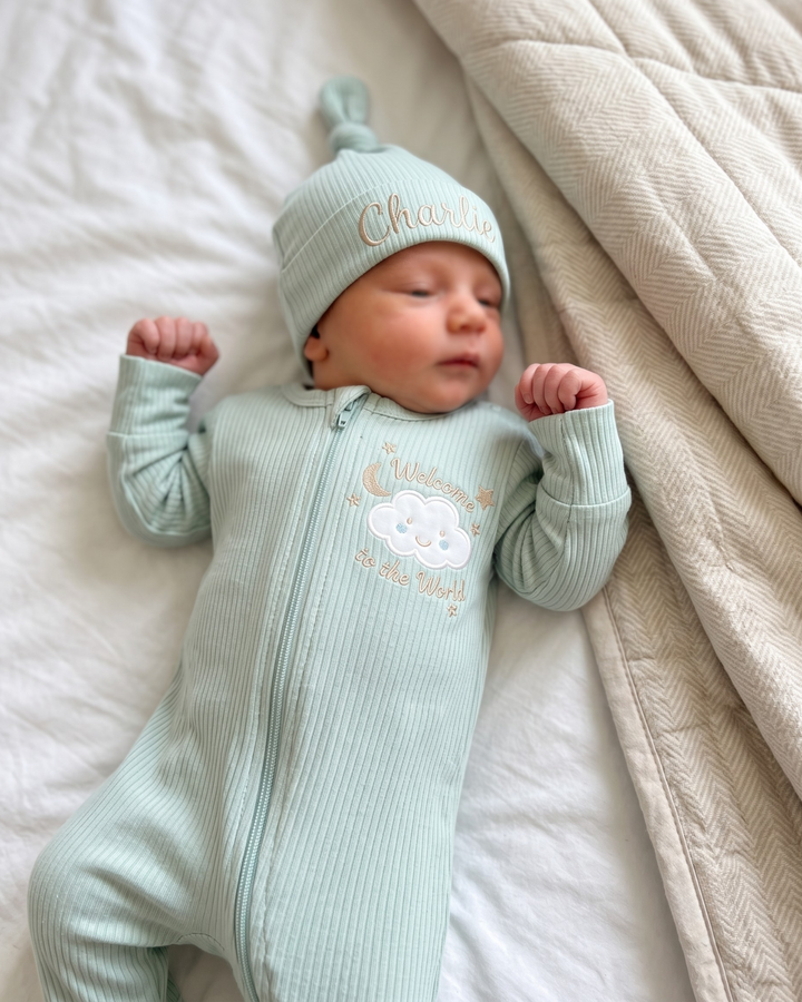 Little Cloud Welcome Embroidered Ribbed Bamboo Zipper Footie