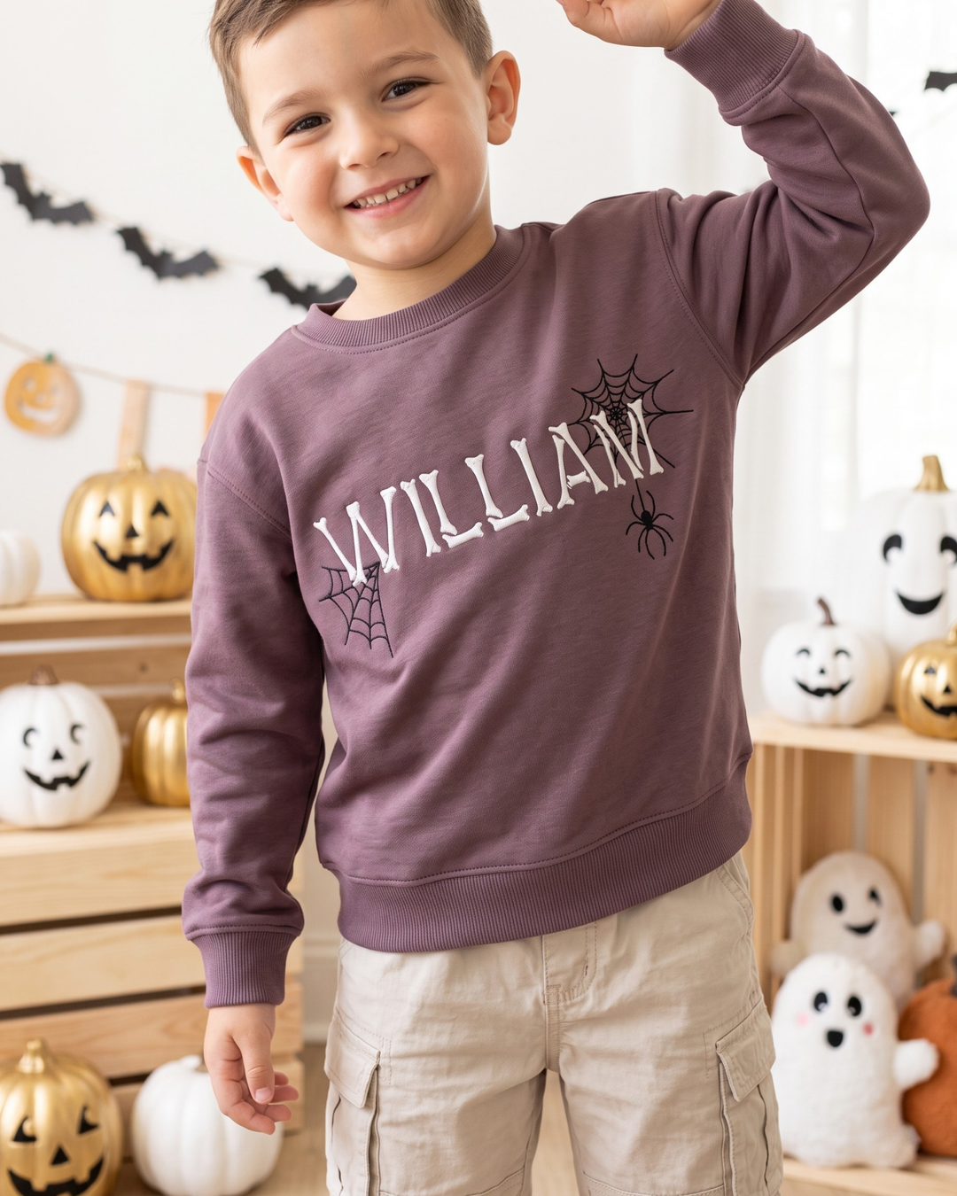 Custom Name Spooky Bone Embroidered Bamboo Crewneck Sweatshirt