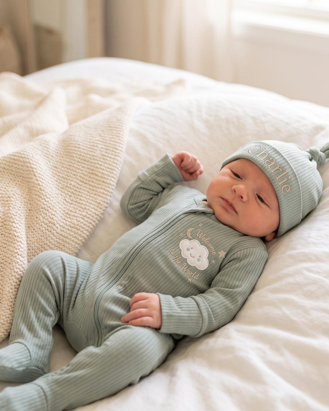 Little Cloud Welcome Embroidered Ribbed Bamboo Zipper Footie