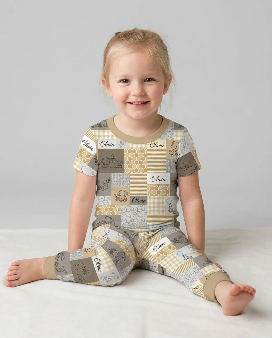 Personalized Classic Bear Patchwork  Bamboo Two Piece Short Sleeve Pajama Set