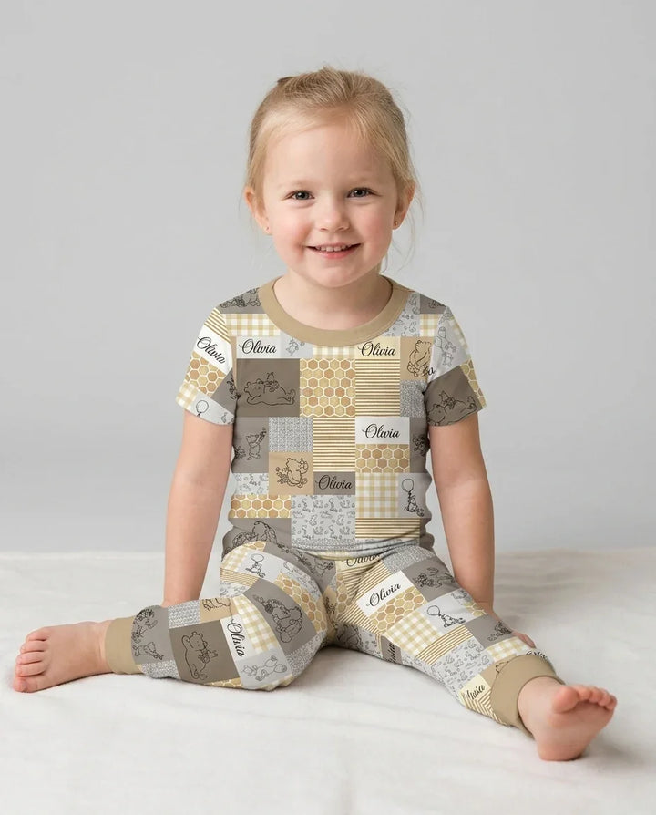 Personalized Classic Bear Patchwork  Bamboo Two Piece Short Sleeve Pajama Set