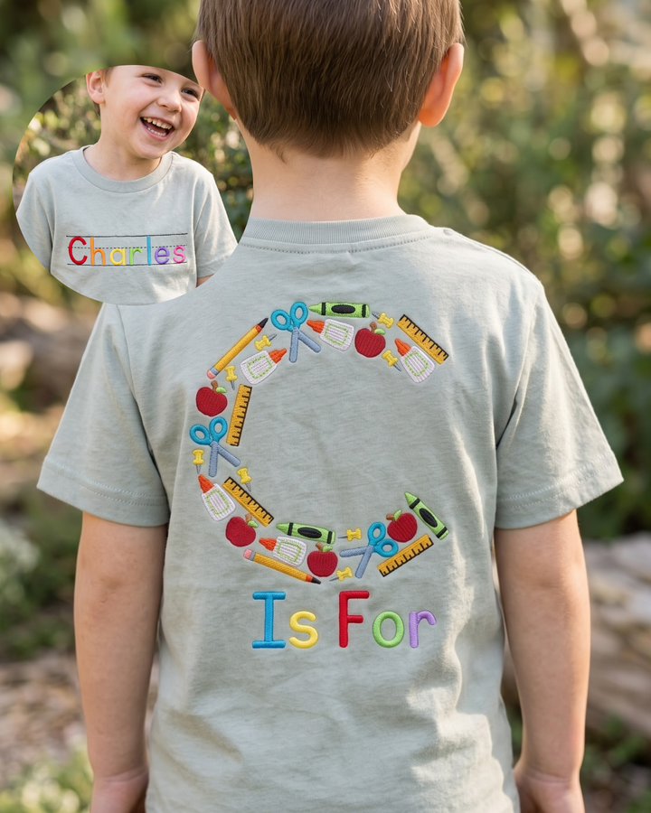 Custom Name Alphabet School Supplies Embroidered Bamboo Crewneck T-Shirt