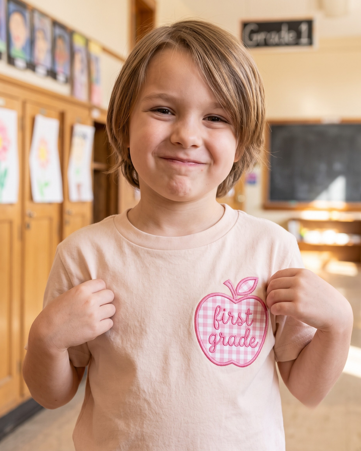 First Grade Apple Applique Embroidered Bamboo Crewneck T-Shirt