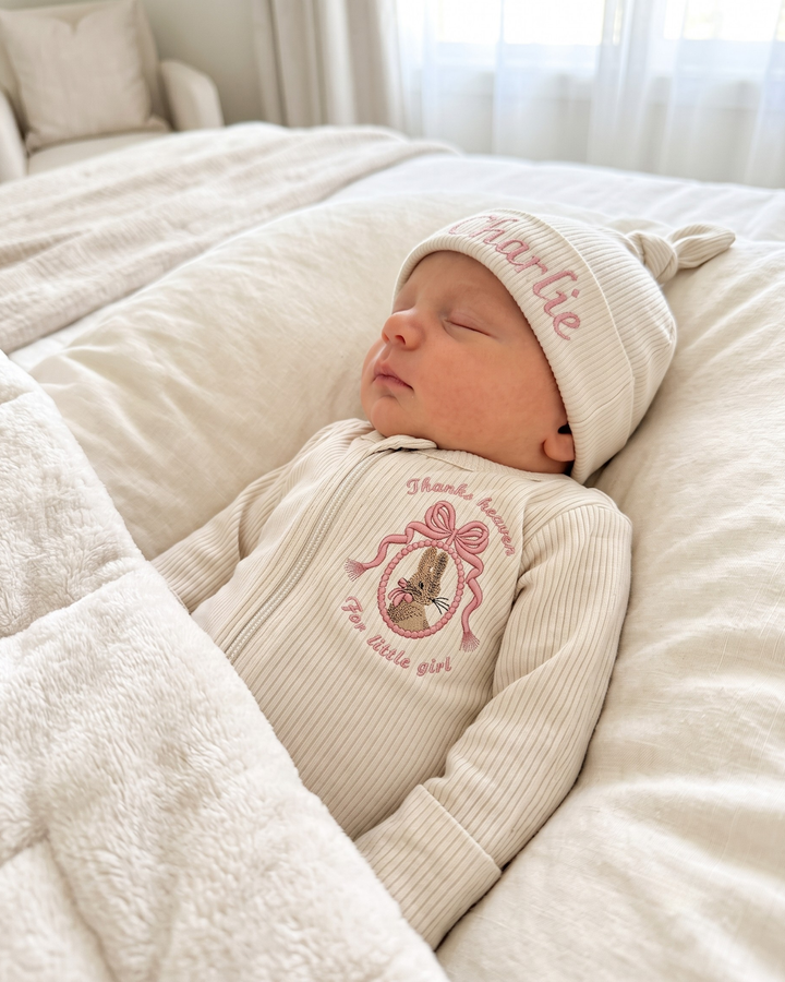 Little Bunny Girl Embroidered Ribbed Bamboo Zipper Footie