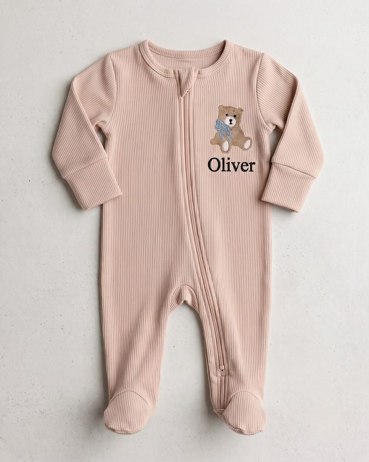 Teddy Bear Embroidered Name Ribbed Bamboo Zipper Footie