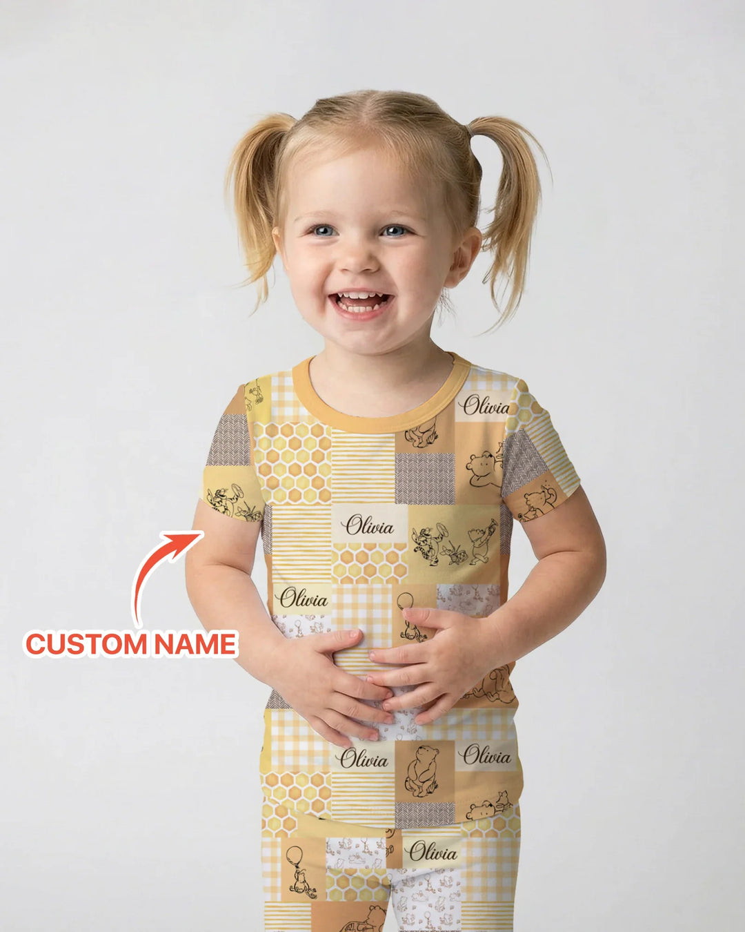 Personalized Classic Bear Patchwork  Bamboo Two Piece Short Sleeve Pajama Set