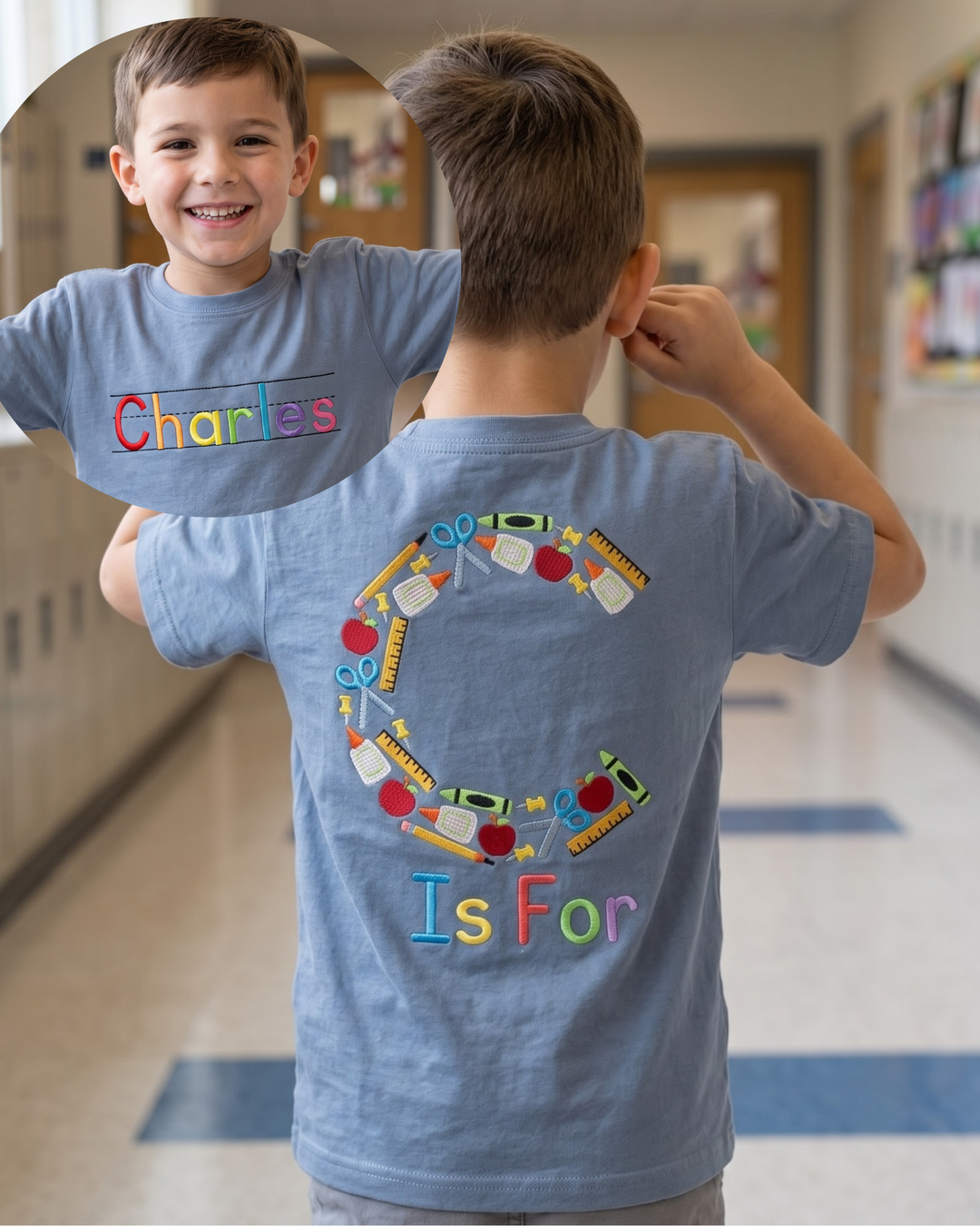 Custom Name Alphabet School Supplies Embroidered Bamboo Crewneck T-Shirt