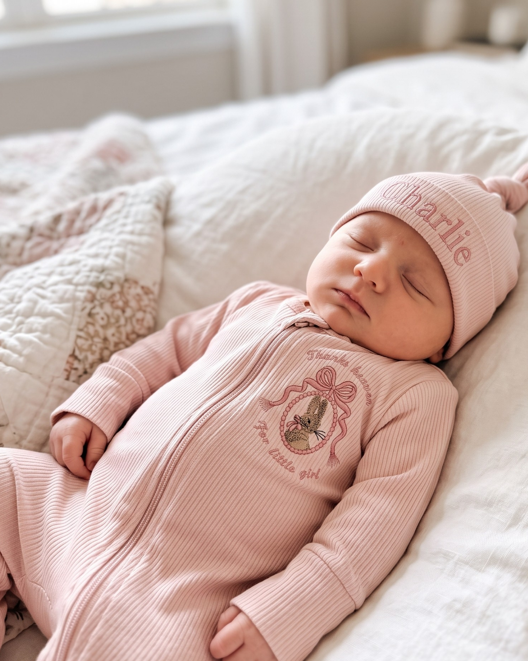Little Bunny Girl Embroidered Ribbed Bamboo Zipper Footie