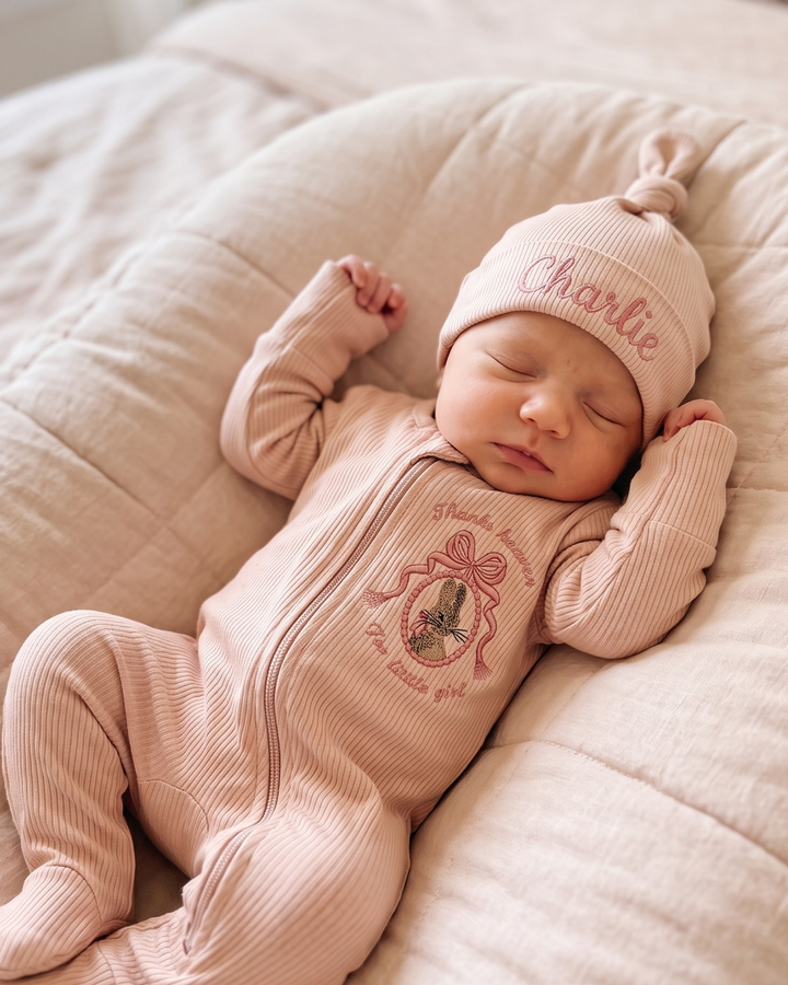 Little Bunny Girl Embroidered Ribbed Bamboo Zipper Footie