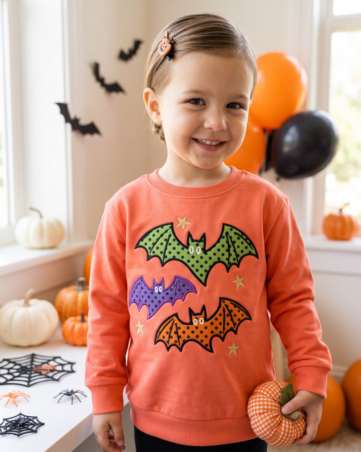 Spooky Bat Trio Applique Embroidered Bamboo Crewneck Sweatshirt