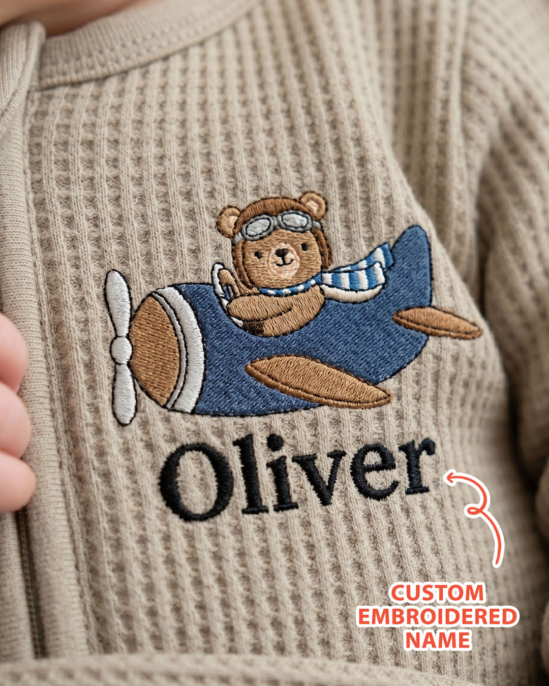Personalized Pilot Bear Embroidered Waffle Bamboo Zipper Footie