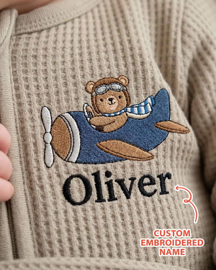 Personalized Pilot Bear Embroidered Waffle Bamboo Zipper Footie