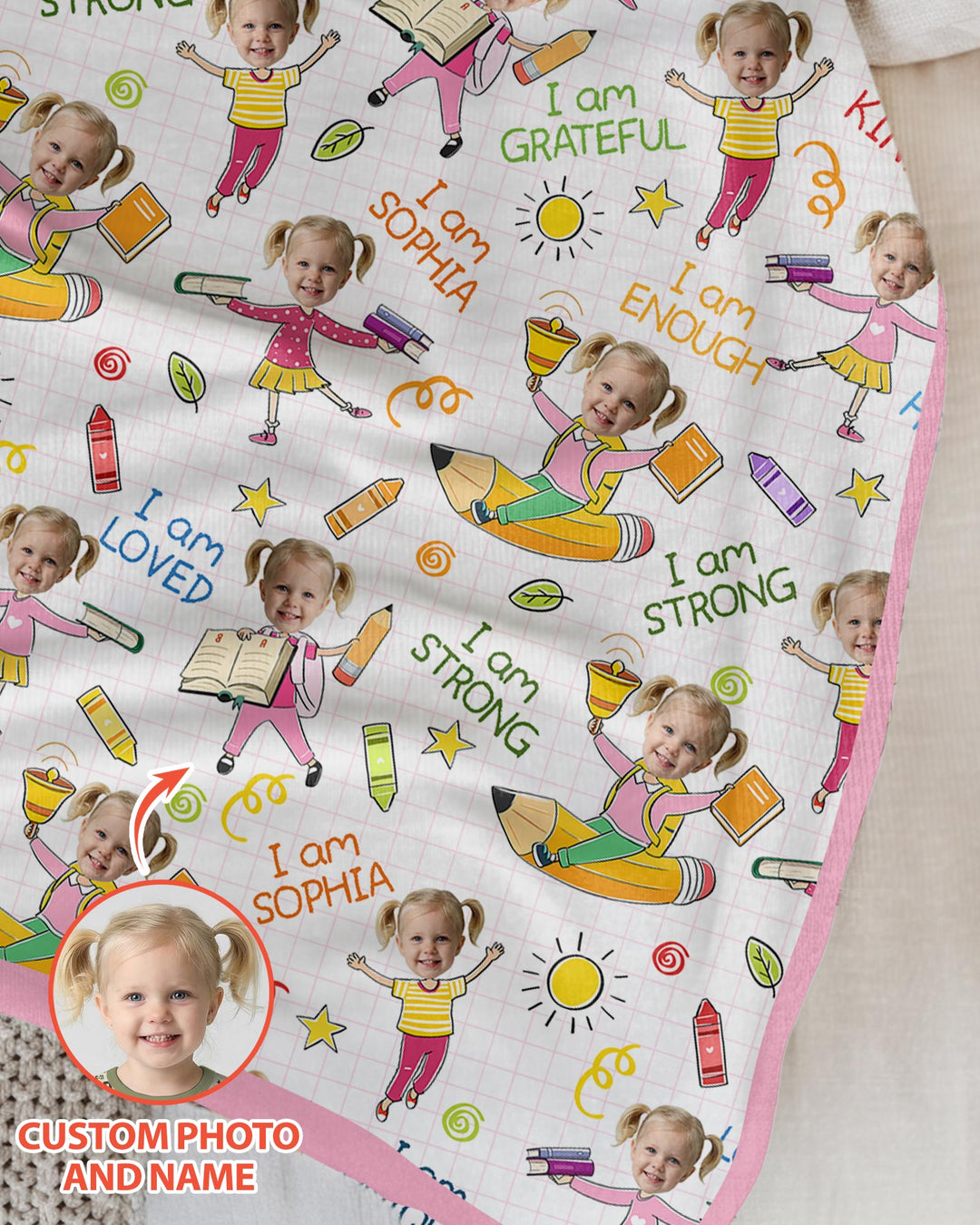 Custom Photo Kid Affirmations I Am Kind Bamboo Blanket