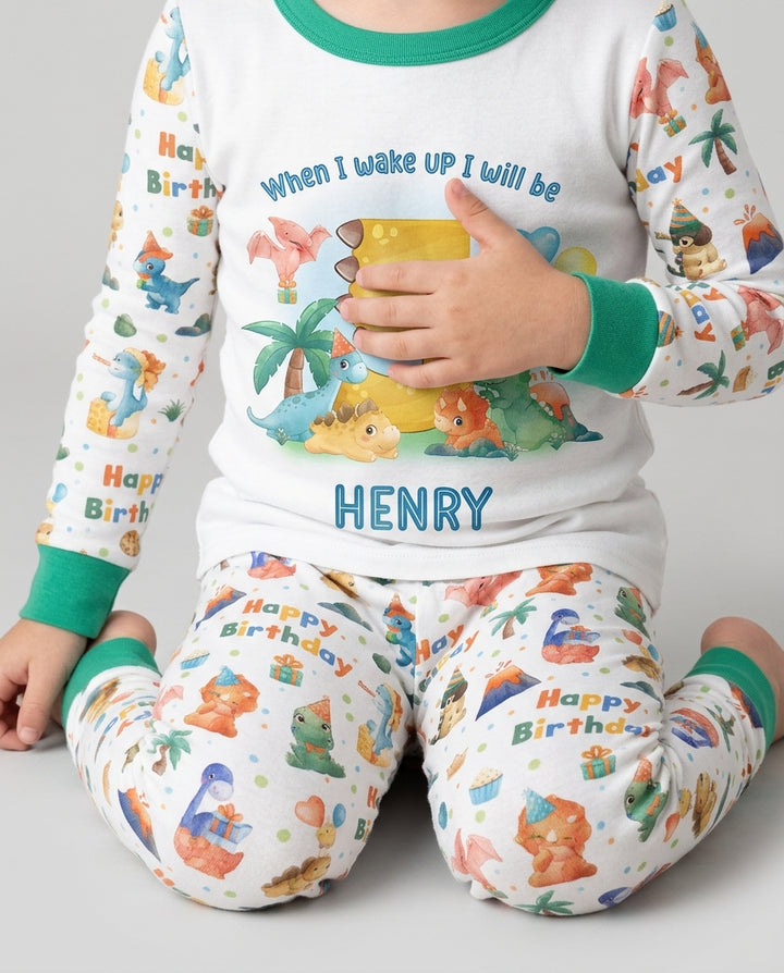 Custom Name When I Wake Up Birthday Dino Bamboo Two Piece Long Sleeve Pajama Set
