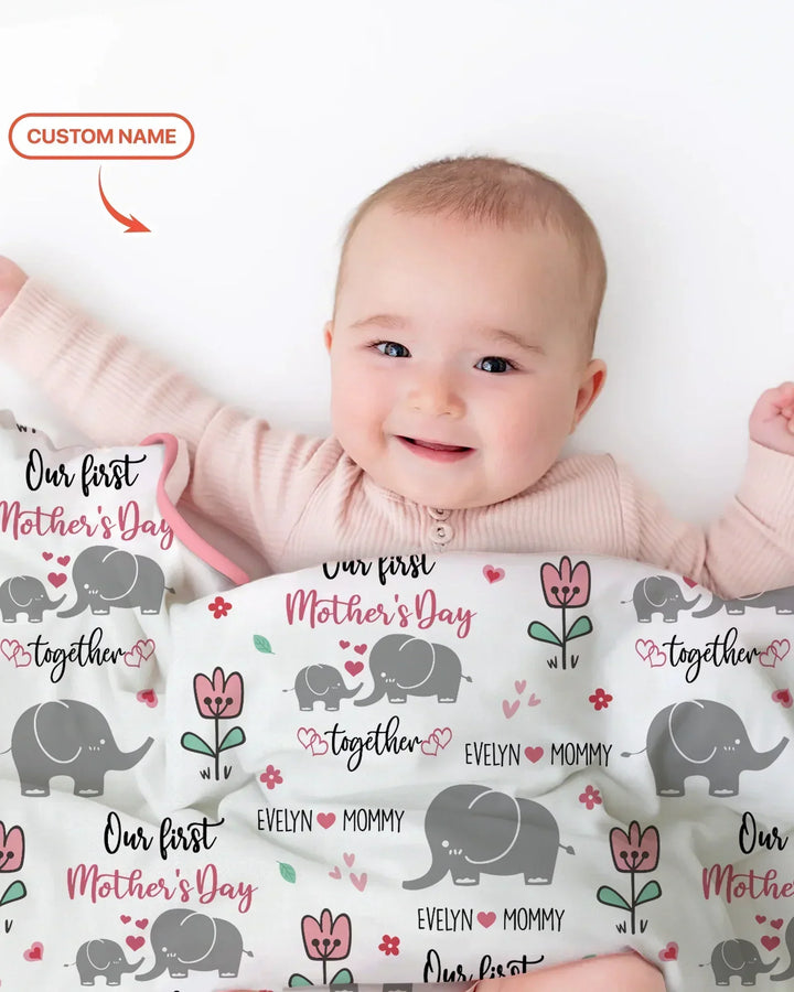Custom Name Elephant Our First Mother's Day Bamboo Blanket