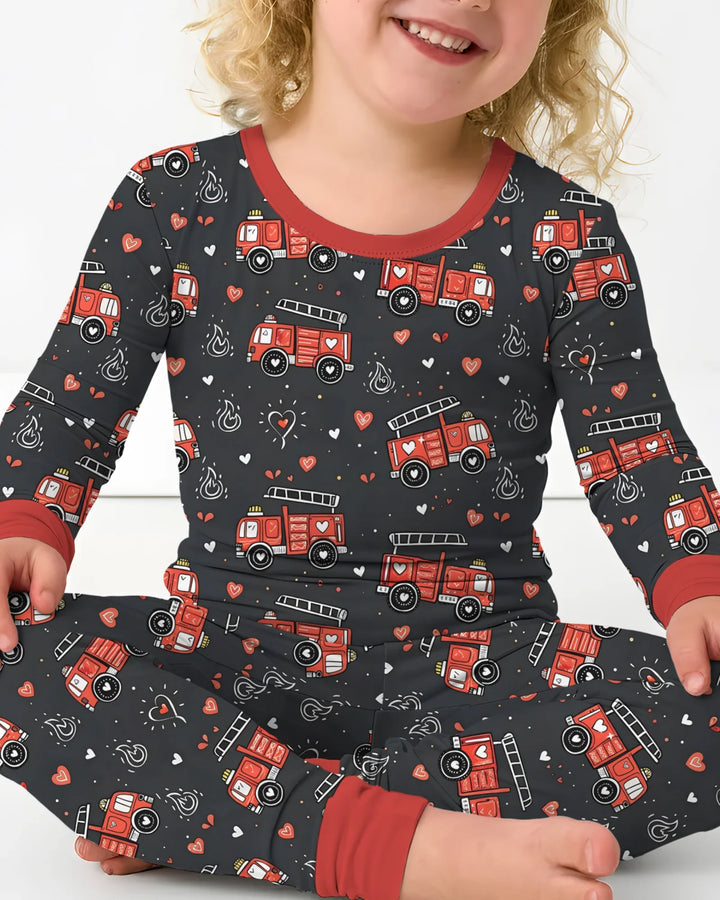 Valentine Fire Trucks Bamboo Two Piece Long Sleeve Pajama Set