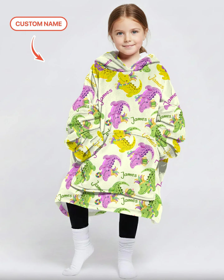 Custom Name Mardi Gras Alligator Wearable Bamboo Blanket Hoodie