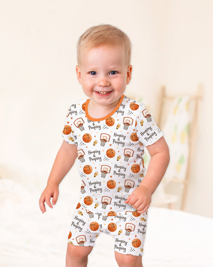 Funny Basketball Hooping & Pooping Bamboo Two Piece Short Sleeve Shorts Pajama Set