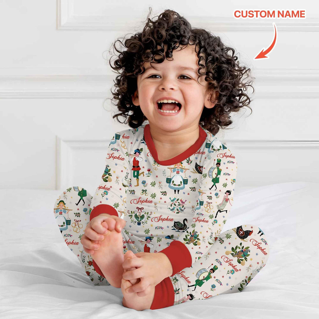 12 Days Of Christmas Custom Name Two Piece Long Sleeve Pajama Set , 12 Days Of Christmas Custom Name Two Piece Long Sleeve Pajama Set - 12-18M / Girl