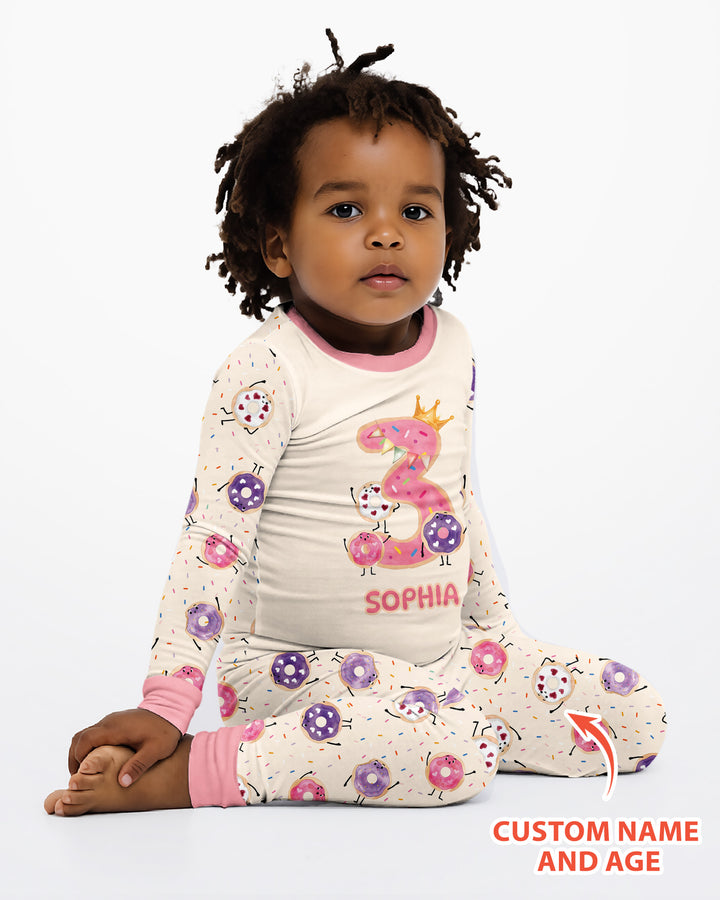 Custom Birthday Donut Bamboo Two Piece Long Sleeve Pajama Set