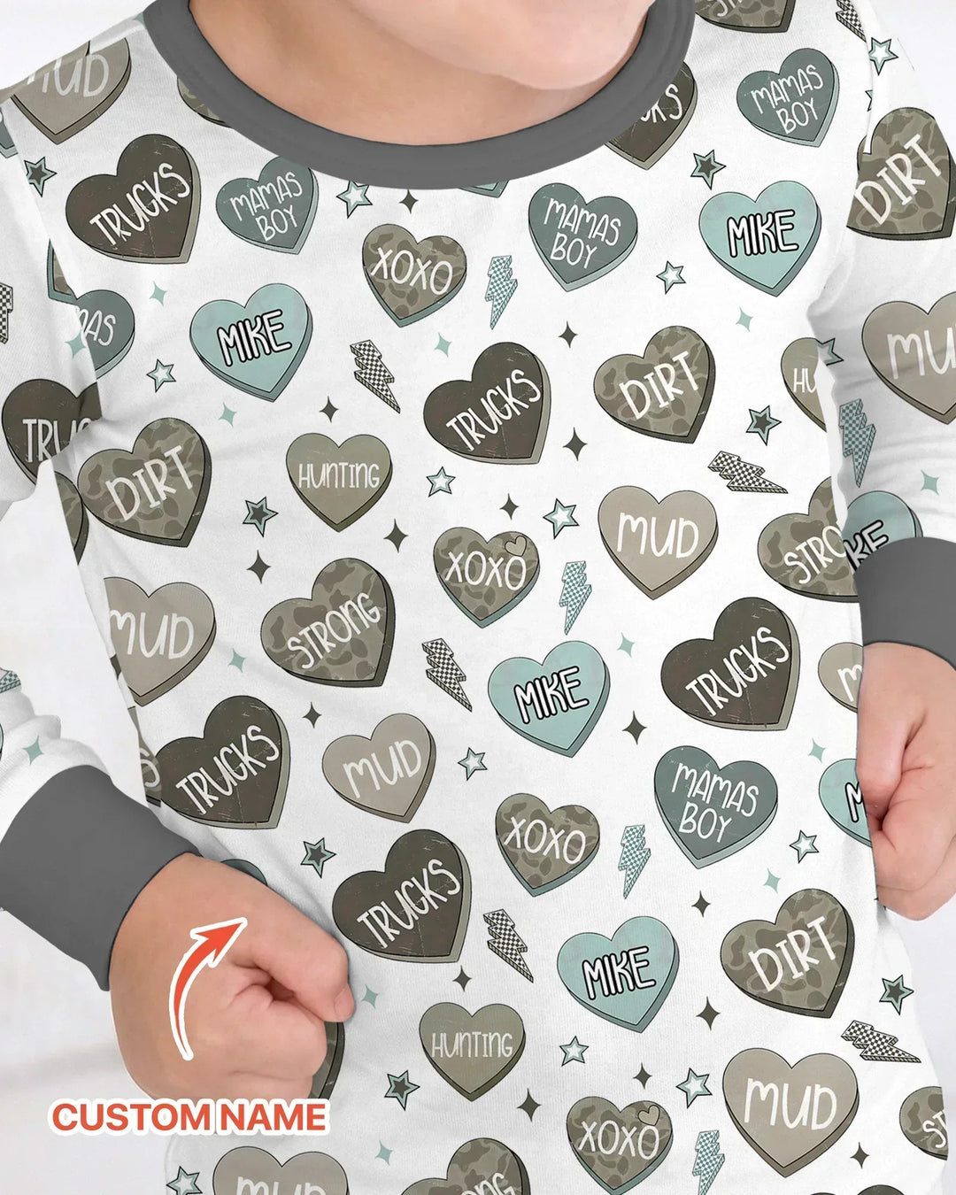 Personalized Camo Candy Hearts Bamboo Two Piece Long Sleeve Pajama Set