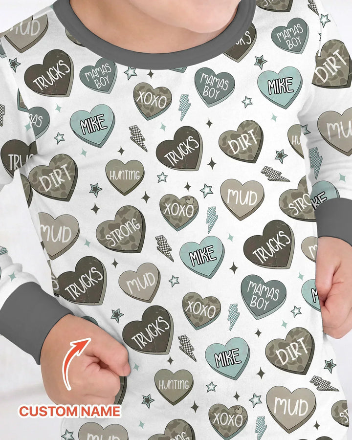 Personalized Camo Candy Hearts Bamboo Two Piece Long Sleeve Pajama Set