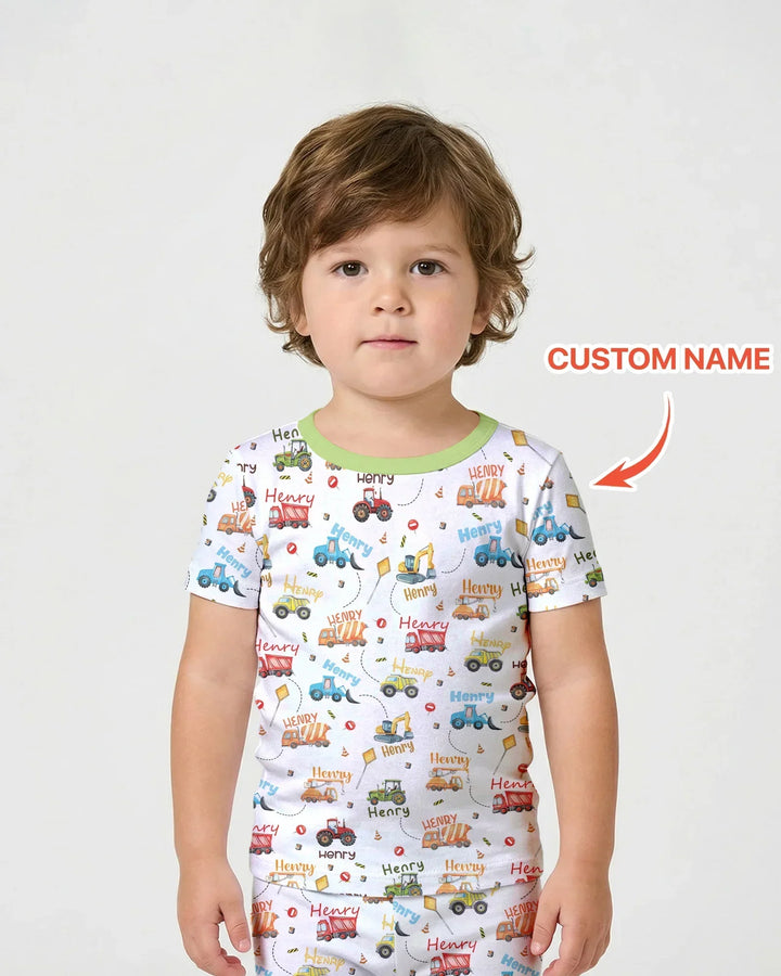 Construction Vehicles Custom Name Bamboo Two Piece Short Sleeve Pajama Set