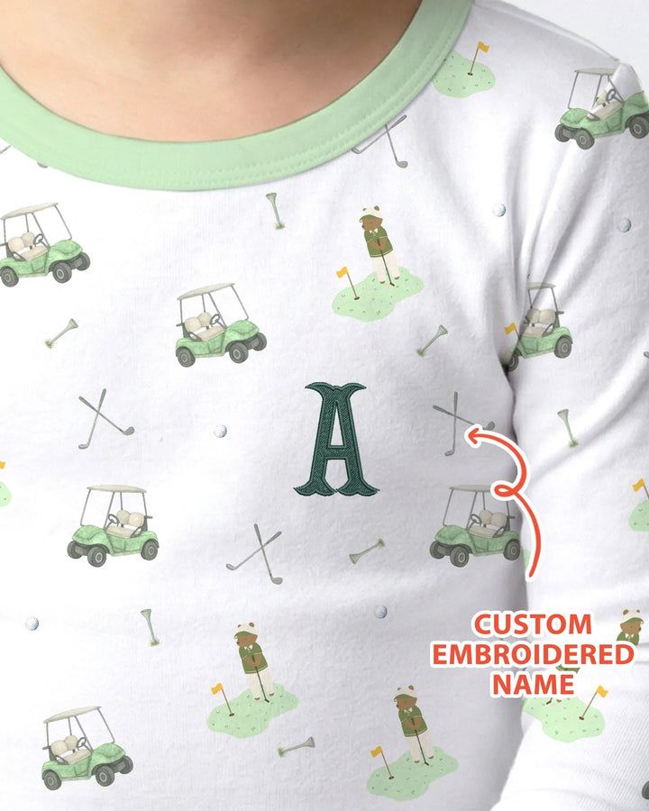 Custom Embroidered Name Monogram Letter Golf Two Piece Long Sleeve Pajama Set