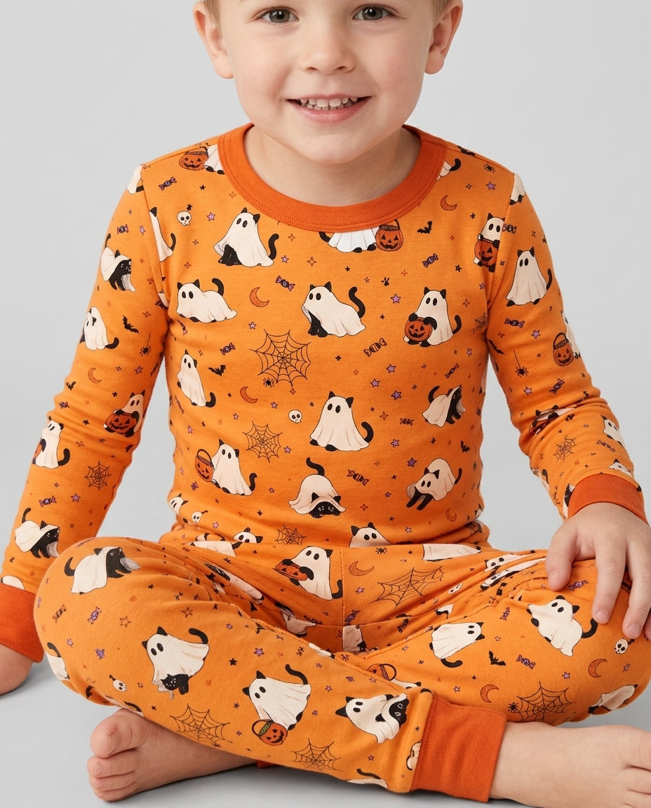 Ghost Cat Vintage Halloween Bamboo Two Piece Long Sleeve Pajama Set