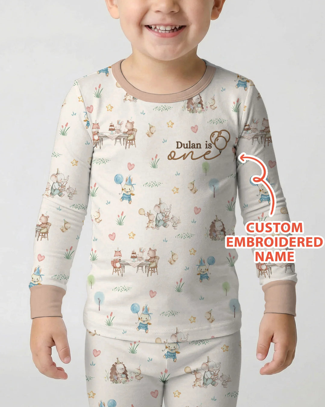 Custom Embroidered Name Birthday Baby Bamboo Two Piece Long Sleeve Pajama Set