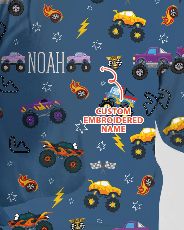 Custom Name Embroidered Crazy Truck Bamboo Two Piece Long Sleeve Pajama Set