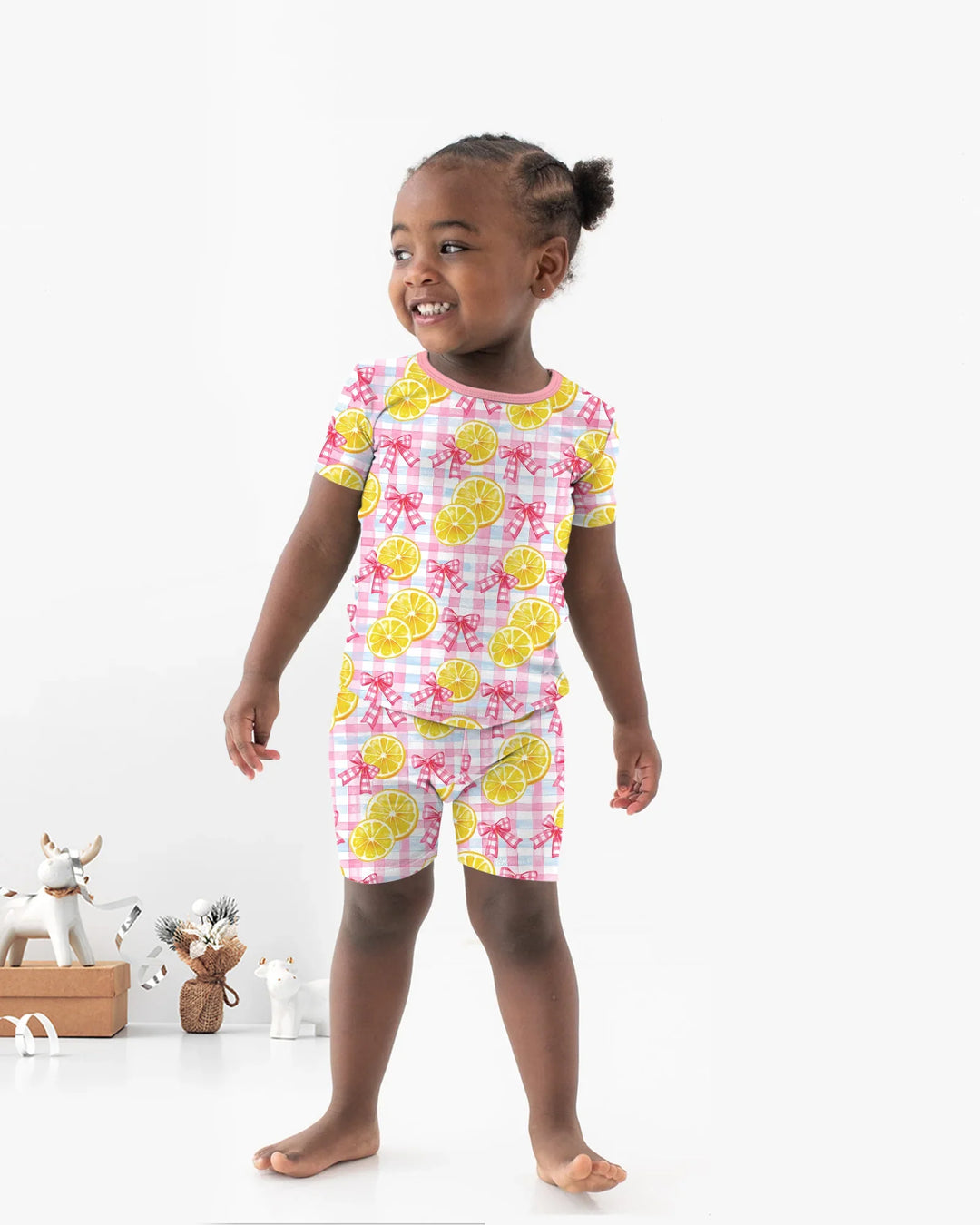 Pink Lemons Bows Checkered Bamboo Two Piece Short Sleeve Shorts Pajama Set