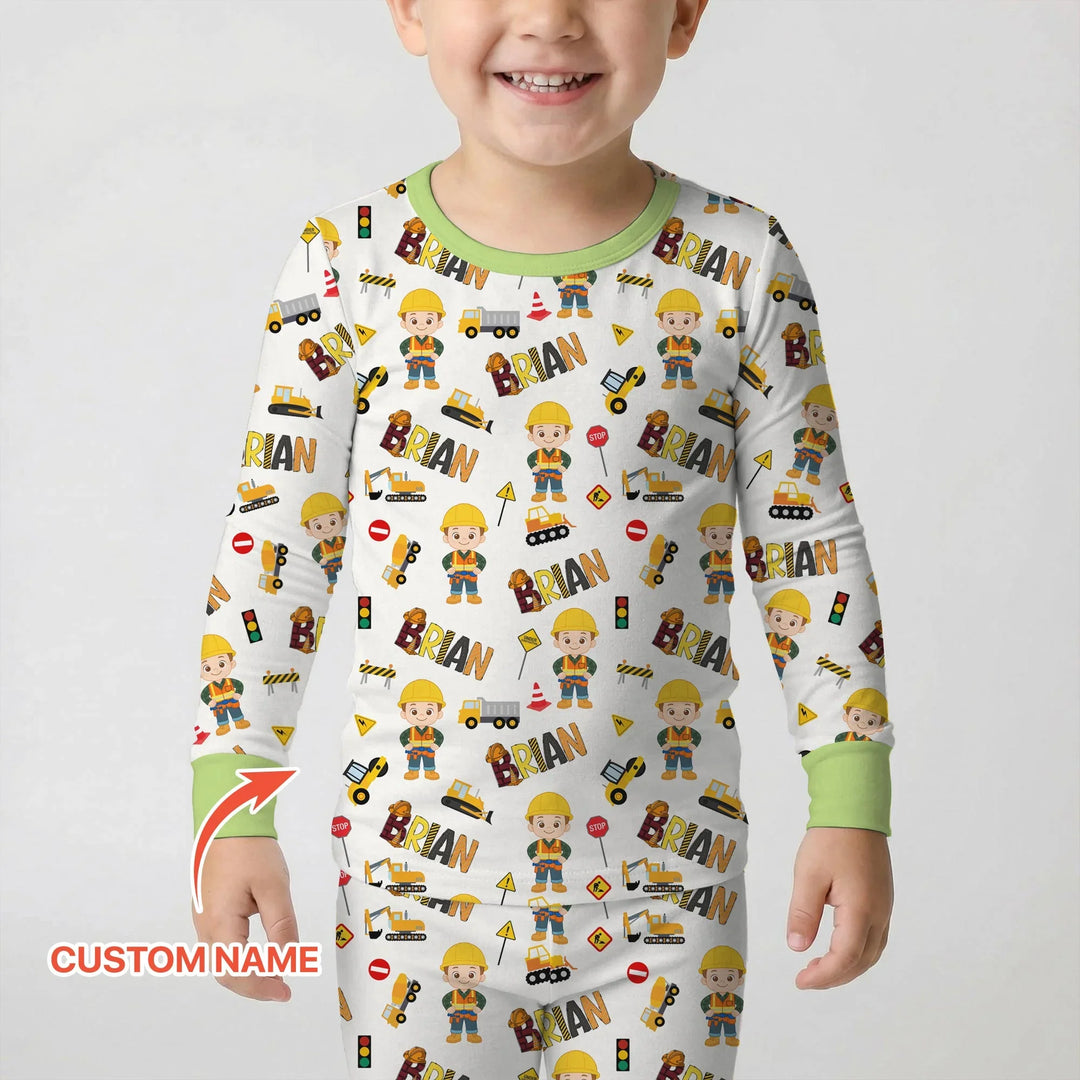 Custom Name Doodle Little Builder Bamboo Two Piece Long Sleeve Pajama Set