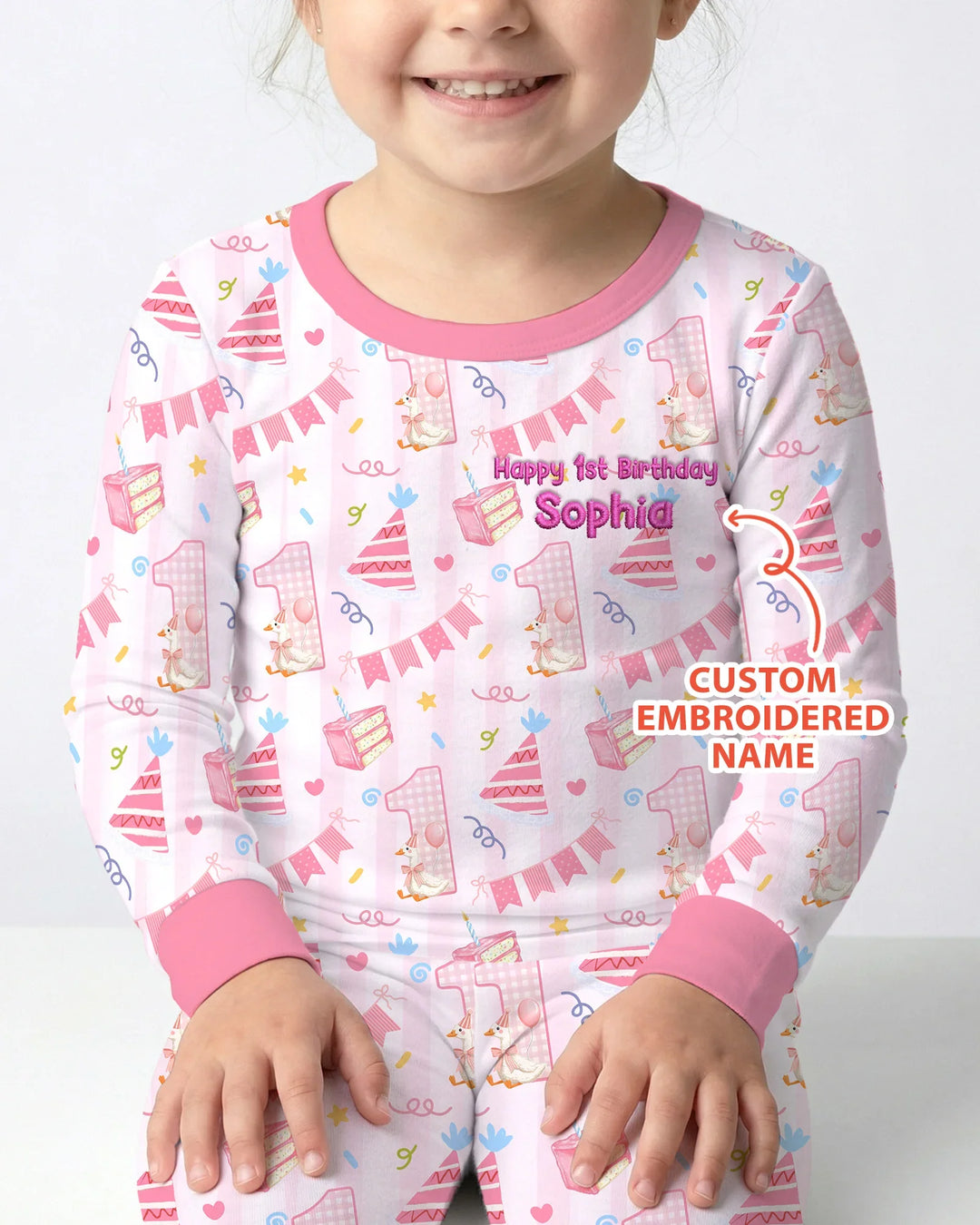 1st Birthday Girl Embroidered Baby Bamboo Two Piece Long Sleeve Pajama Set