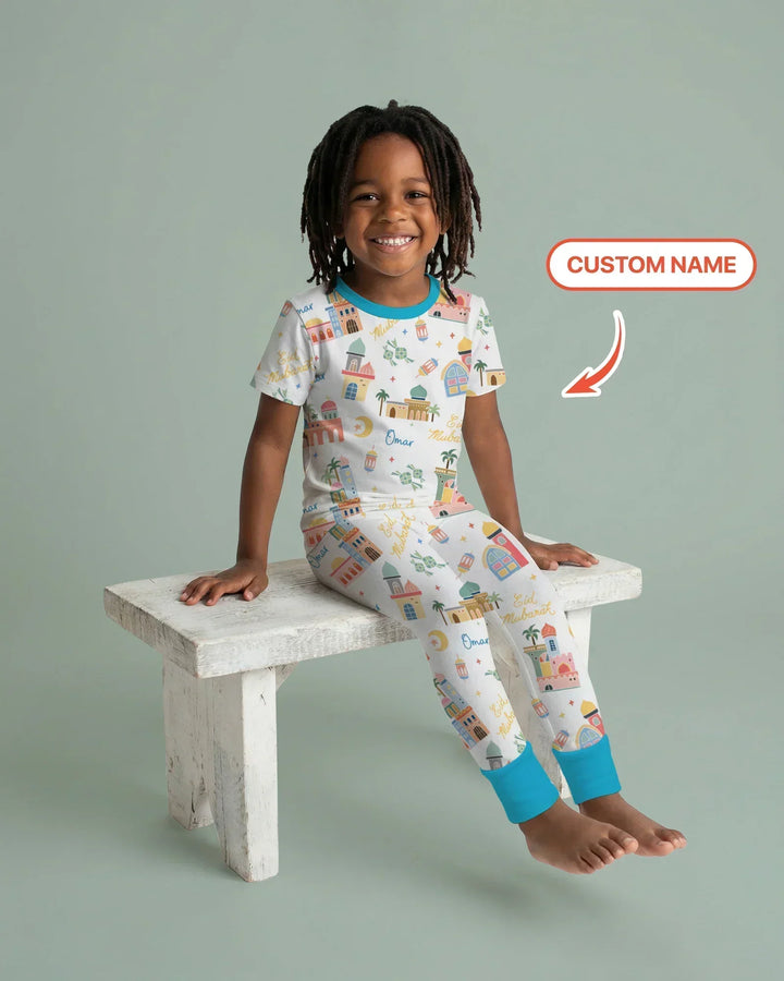 Eid Mubarak Custom Name Bamboo Two Piece Short Sleeve Pajama Set