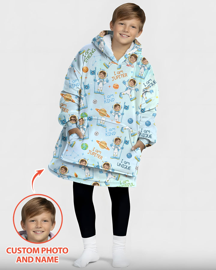 Custom Photo Kid Affirmations I Am Kind Astronaut Bamboo Blanket Hoodie