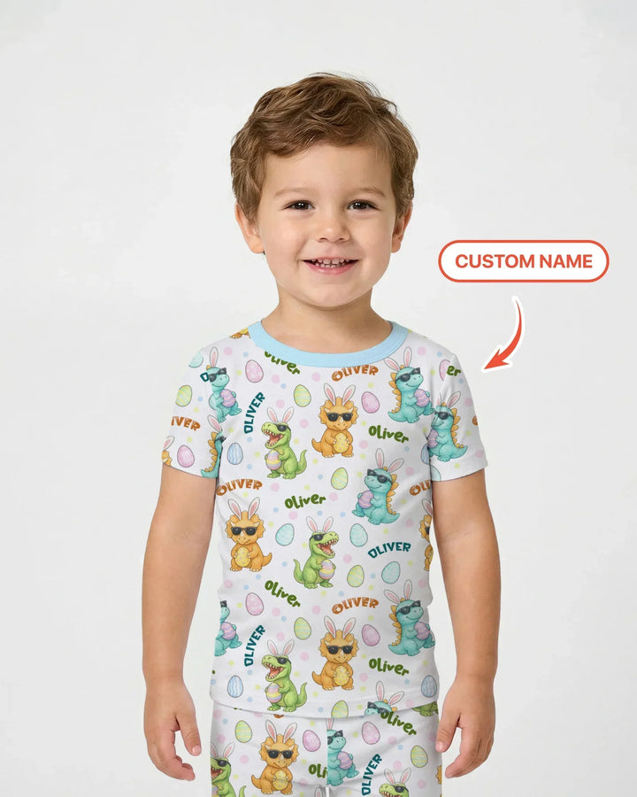 Custom Name Dinosaur on the Hunt Bamboo Two Piece Short Sleeve Pajama Set