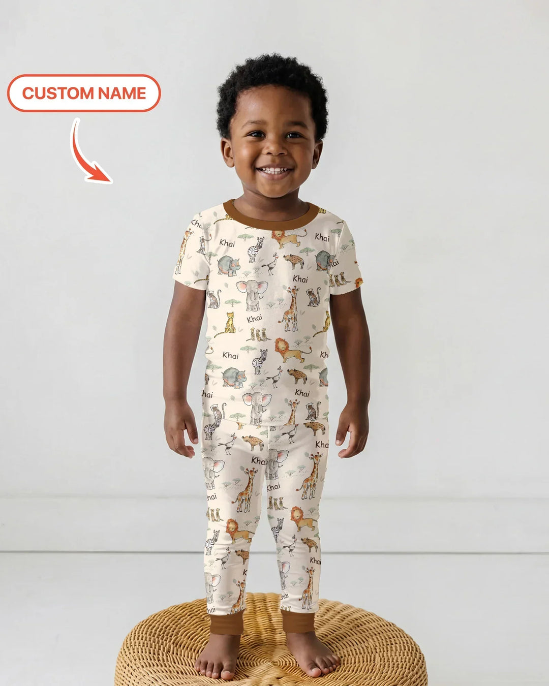 Safari Friends Custom Name Bamboo Two Piece Short Sleeve Pajama Set\