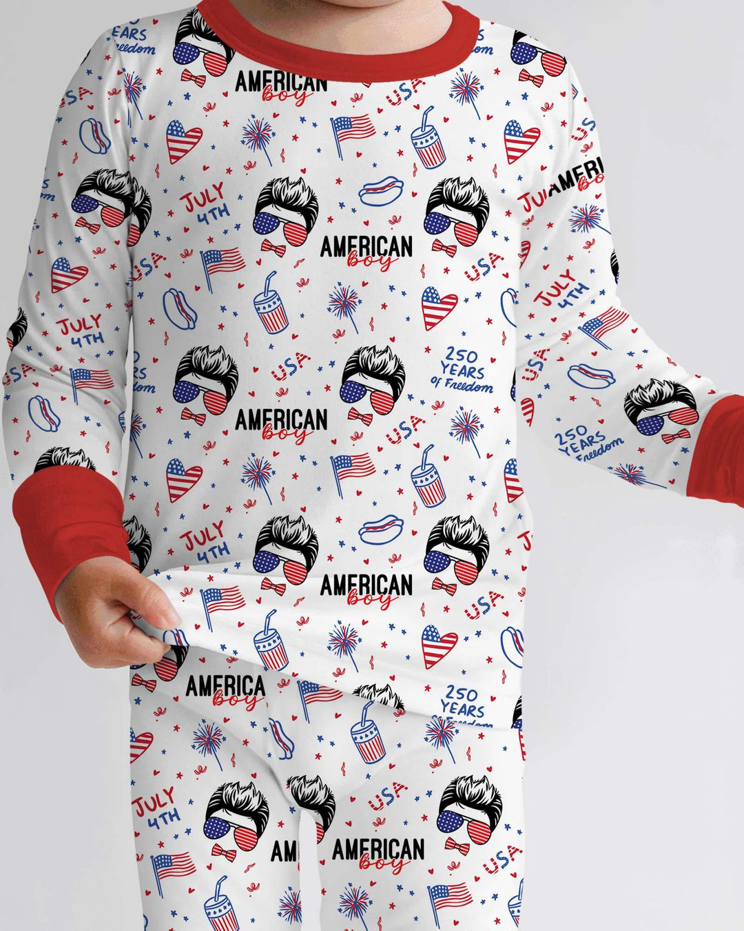 Doodle American Flag Glasses Family Matching Bamboo Two Piece Long Sleeve Pajama Set