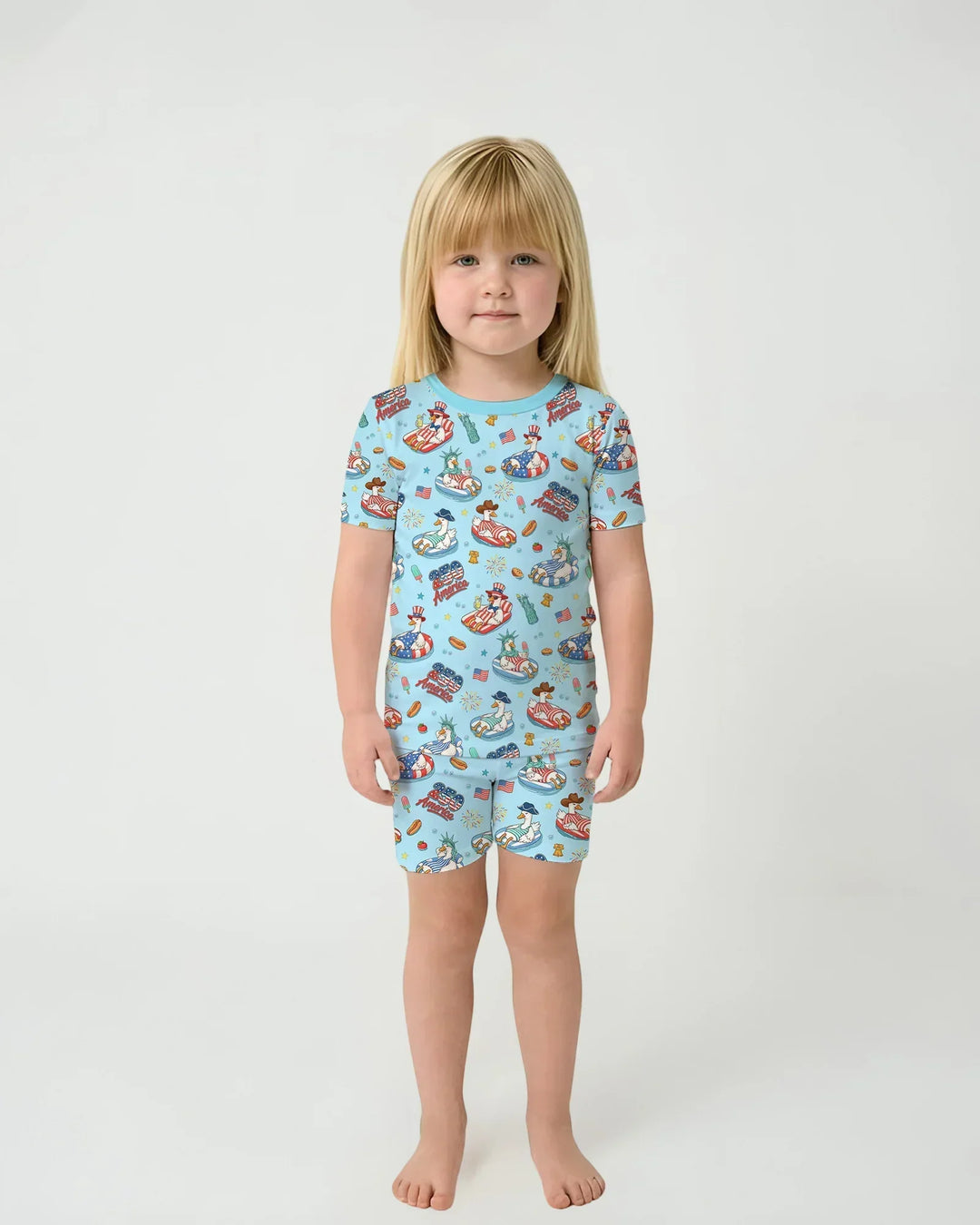 250 America Patriotic Goose Family Matching Bamboo Two Piece Short Sleeve Shorts Pajama Set