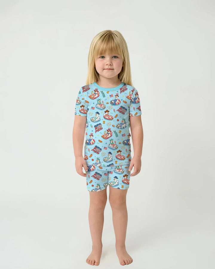 250 America Patriotic Goose Family Matching Bamboo Two Piece Short Sleeve Shorts Pajama Set